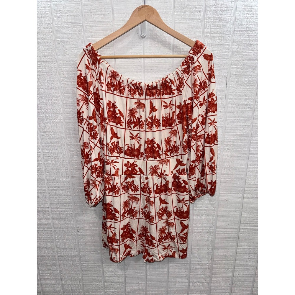 Farm Rio Romper Women Medium Red Cream Tropical Floral Off Shoulder Long Sleeve